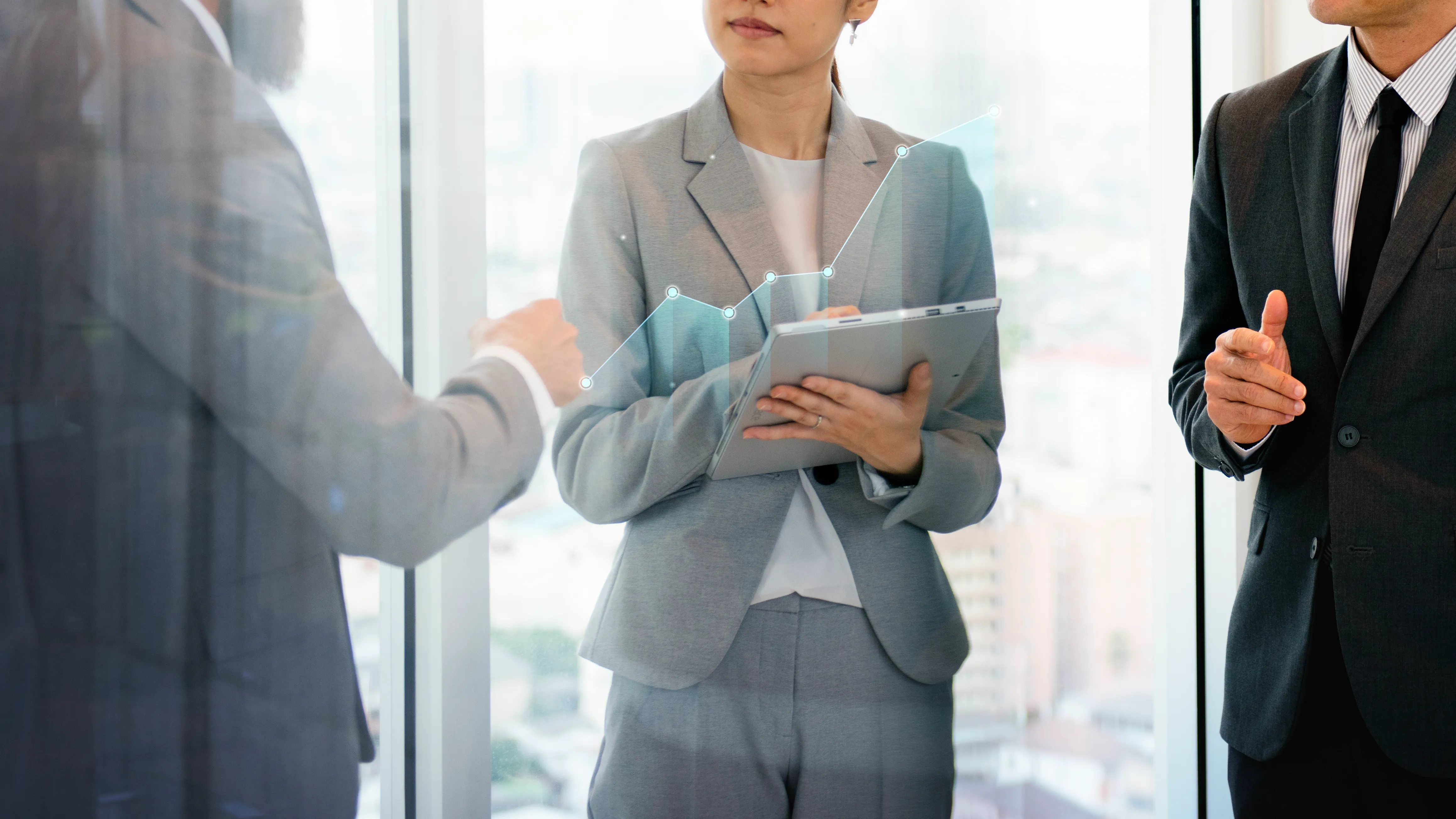 Professional business consultation with technology overlay